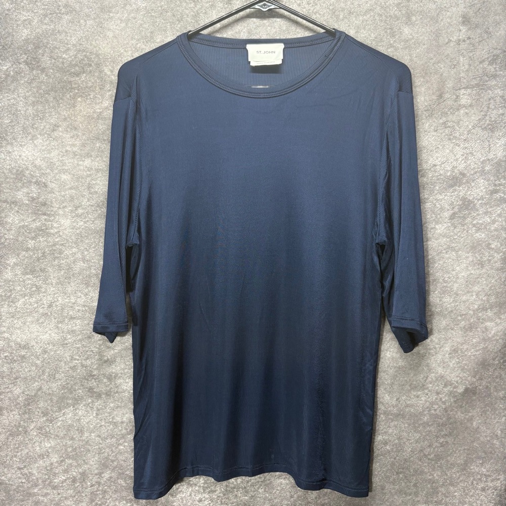 St John Navy Blue Ribbed Knit Half Sleeve Crew Neck Top Womens L Quiet Luxury